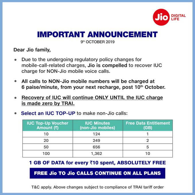 Jio IUC announcement